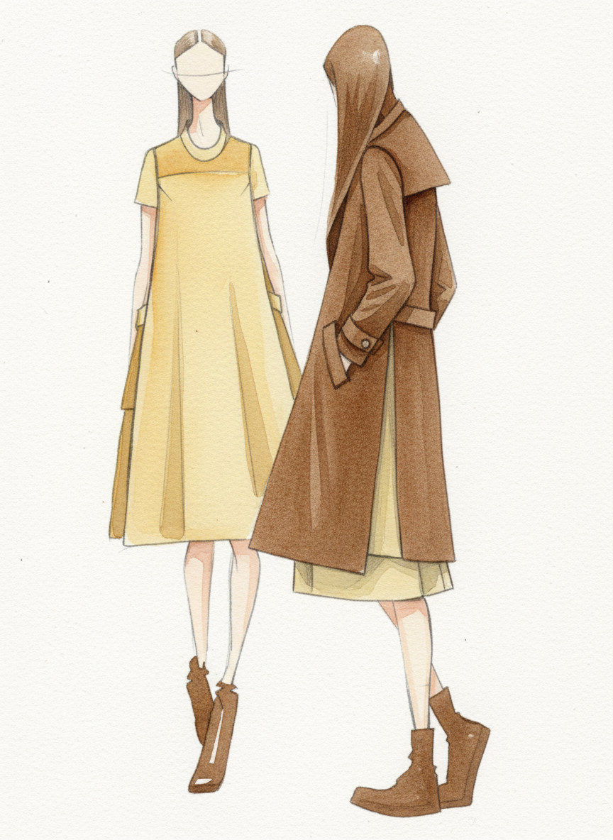 transform this sketch (image 1) into a water color hand drawn illustration of a piece of garment in two views, apply it with mostly light yellow and brown wool fabric. maintain all design details of the garment from the original sketch, just fill colour and texture to it. output the drawing using the water colour visual style from image 2.