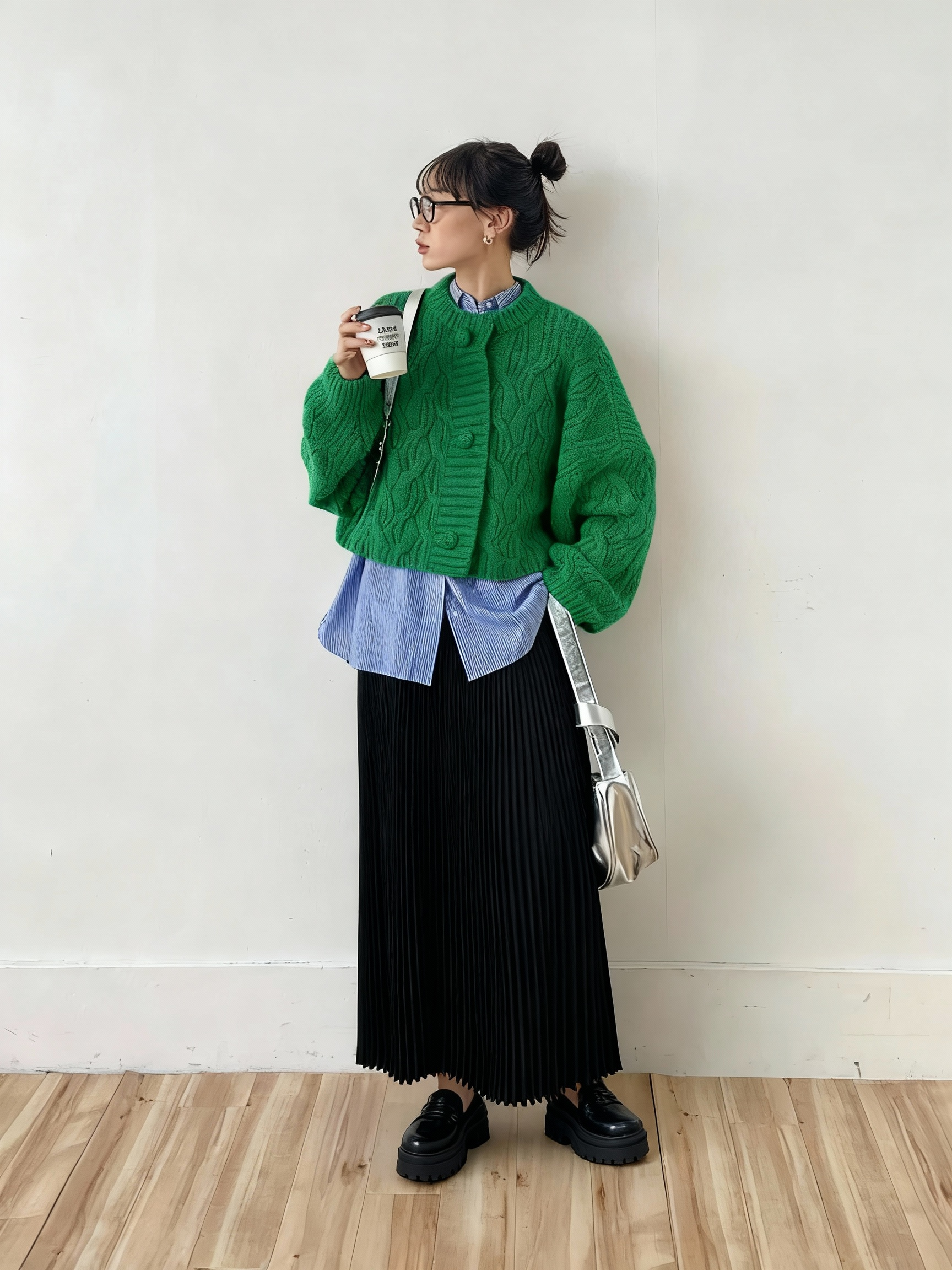 based on image 1, lets replace the sweater with the green sweater from image 2, and replace the pants with the dress from image 3.