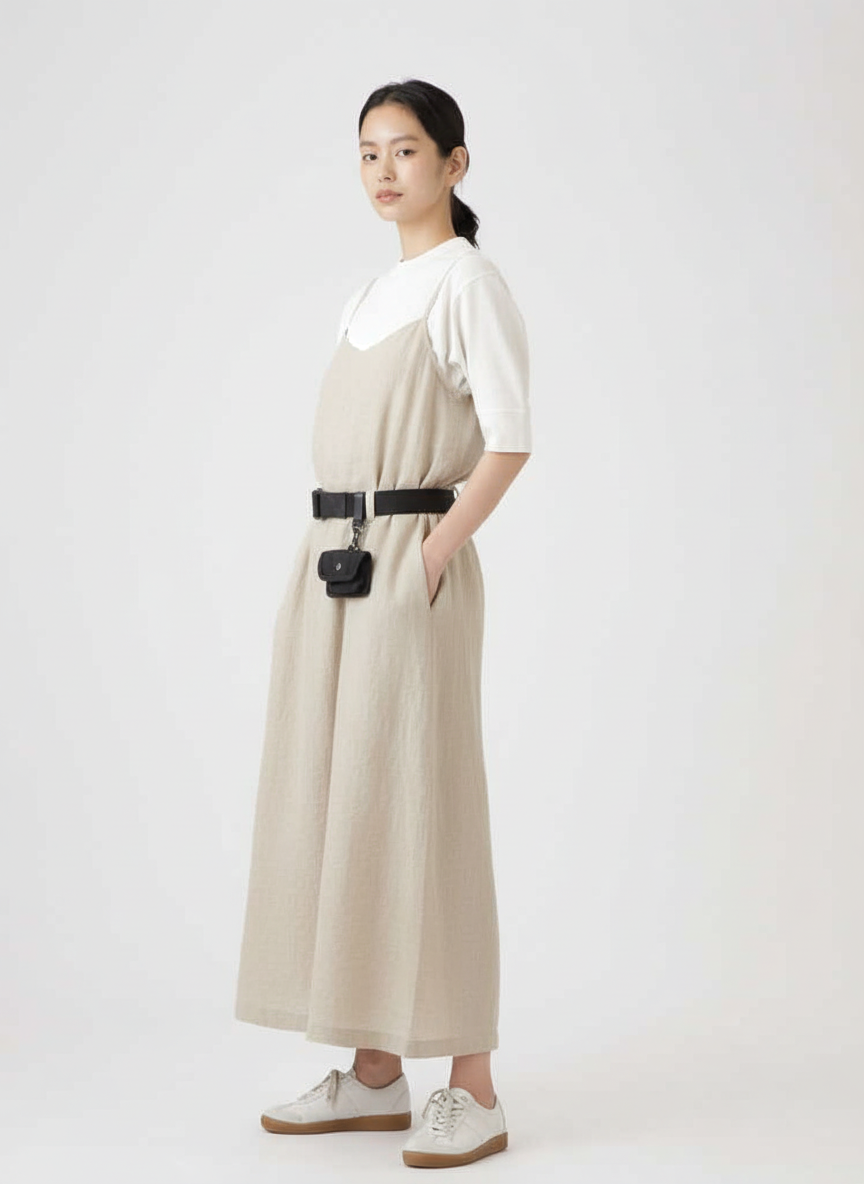 let's replace the pants with a summer dress, lightweight linen, natural beige, relaxed fit, breathable texture, beach resort aesthetic. keep the t-shirt and the rest of the image unchanged.