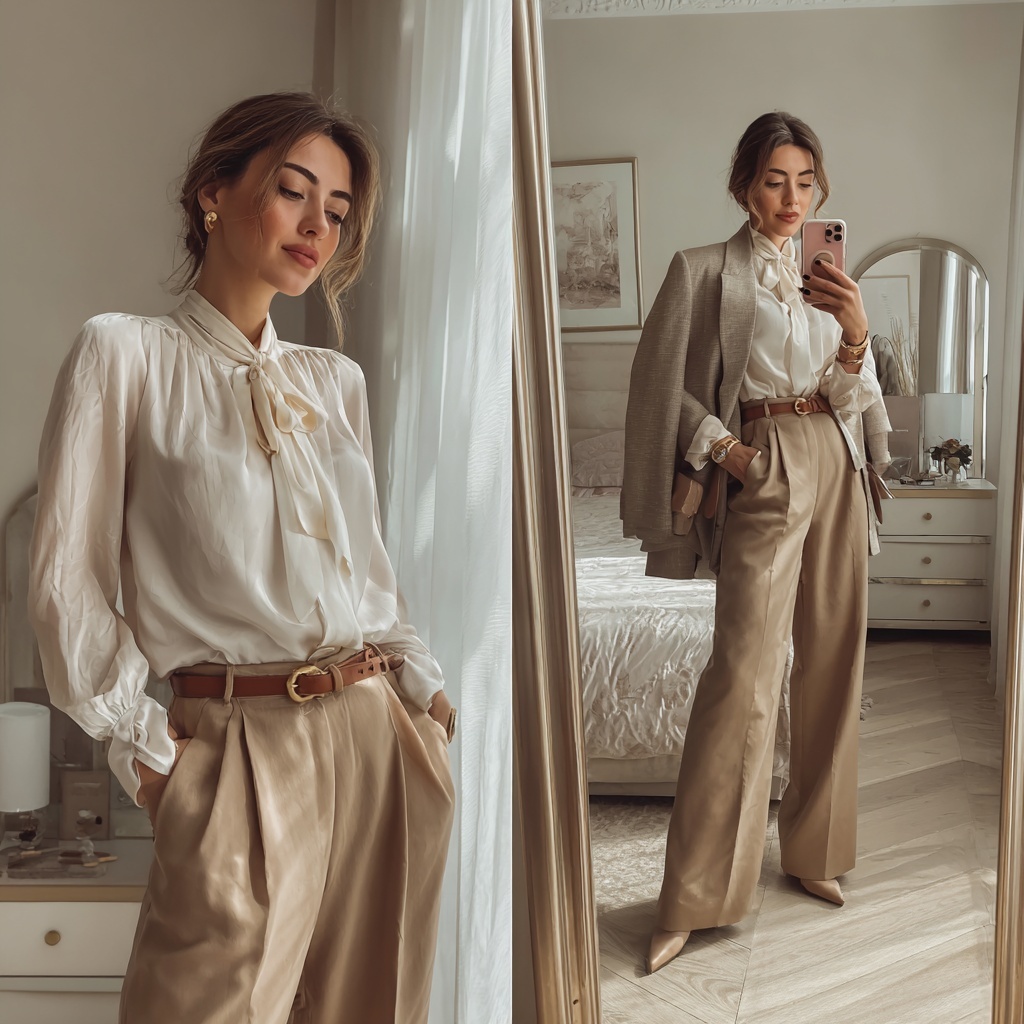 Let's create a fashion model wearing the following garments and accessories posing in front of a mirror in a bedroom.
- Top: Silk blouse, ivory, bow detail
- Bottom: High-waisted trousers, wide leg, camel
- Outerwear: Tailored blazer, neutral beige
- Accessories: Leather belt, gold hardware
natural lighting, bright room, realistic mobile phone photo style.