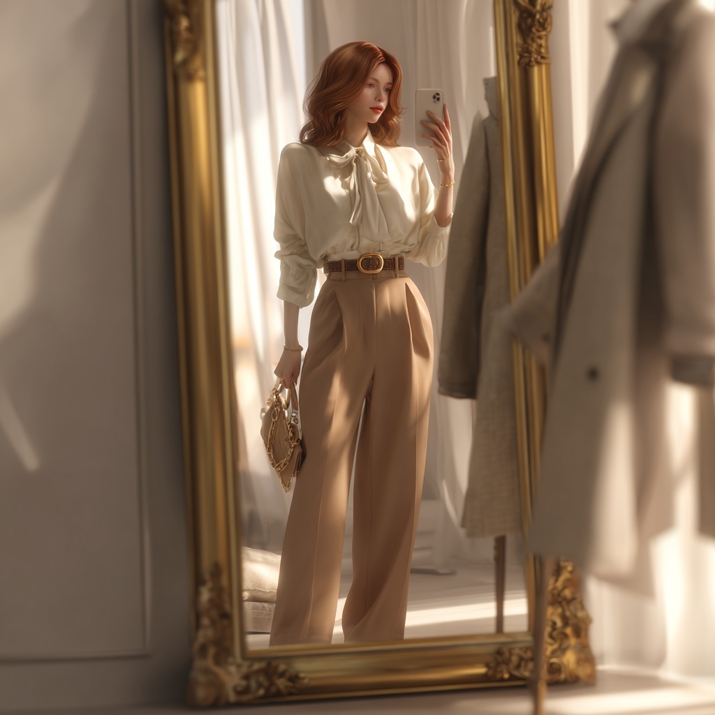 Let's create a fashion model wearing the following garments and accessories posing in front of a mirror in a bedroom.
- Top: Silk blouse, ivory, bow detail
- Bottom: High-waisted trousers, wide leg, camel
- Outerwear: Tailored blazer, neutral beige
- Accessories: Leather belt, gold hardware
natural lighting, bright room, realistic mobile phone photo style.