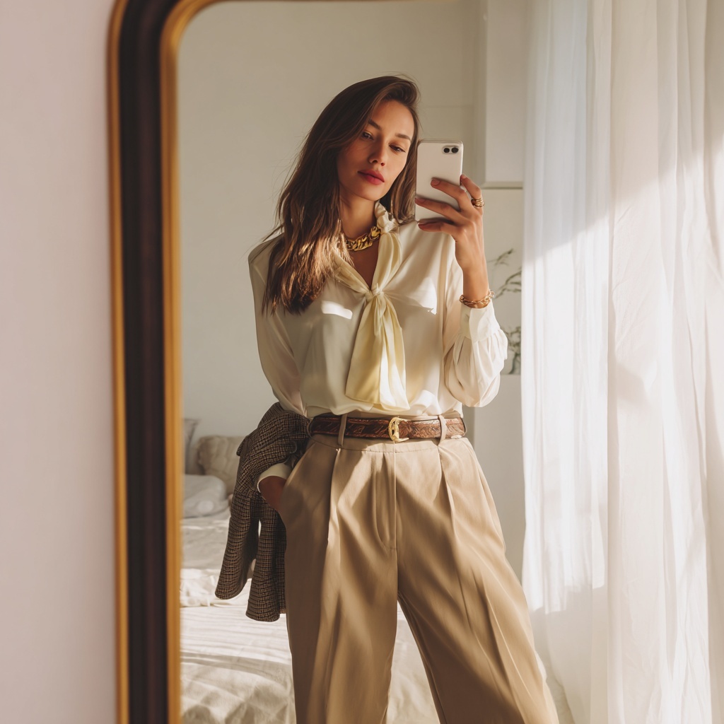 Let's create a fashion model wearing the following garments and accessories posing in front of a mirror in a bedroom.
- Top: Silk blouse, ivory, bow detail
- Bottom: High-waisted trousers, wide leg, camel
- Outerwear: Tailored blazer, neutral beige
- Accessories: Leather belt, gold hardware
natural lighting, bright room, realistic mobile phone photo style.