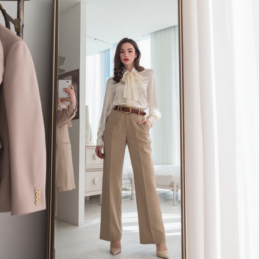 Let's create a fashion model wearing the following garments and accessories posing in front of a mirror in a bedroom.
- Top: Silk blouse, ivory, bow detail
- Bottom: High-waisted trousers, wide leg, camel
- Outerwear: Tailored blazer, neutral beige
- Accessories: Leather belt, gold hardware
natural lighting, bright room, realistic mobile phone photo style.