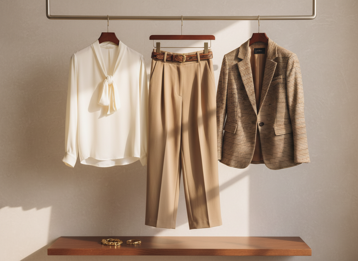 let's use the garment pieces from the image, and make a new image that shows them in hanger display style with a retail presentation look.
Make sure the garments (shirt/pants/blazer) are hang on three separate hanger. no model present.