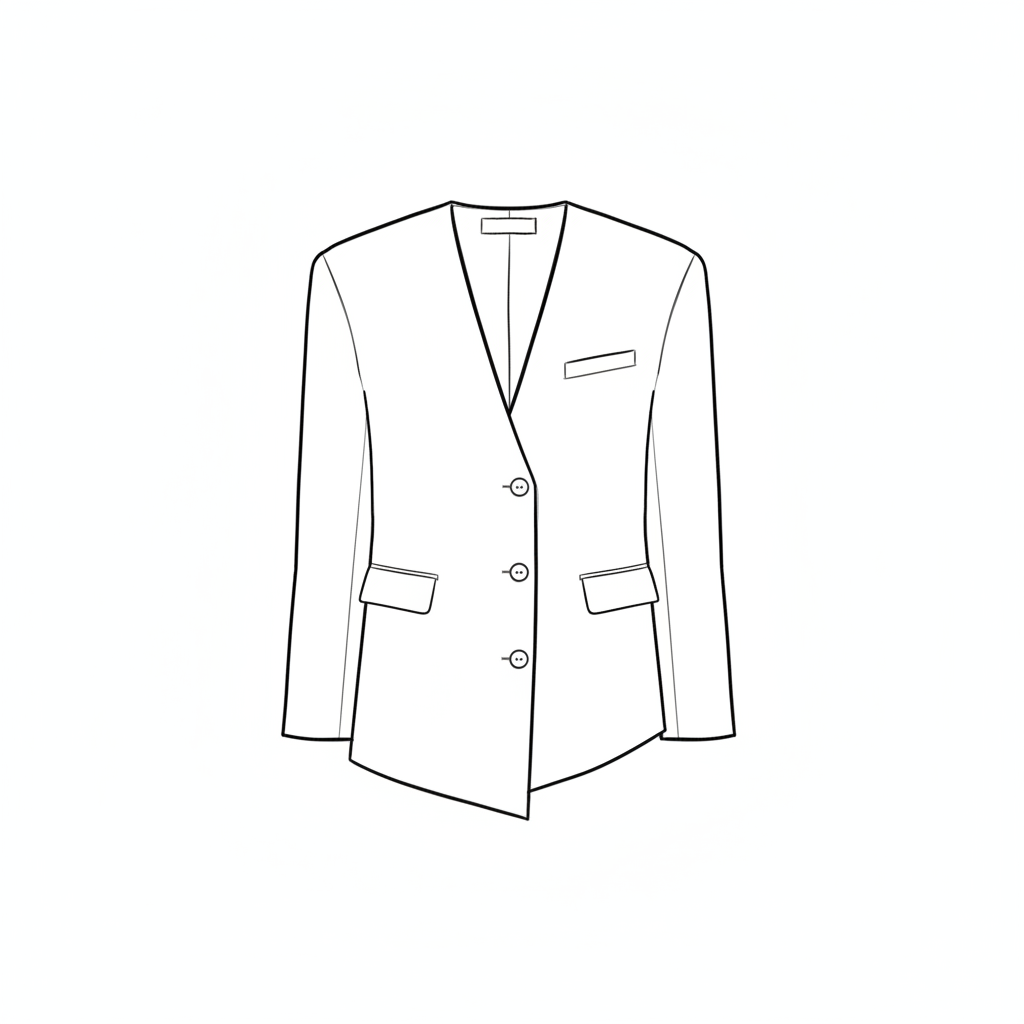 Based on the provided blazer garment design, let's create a technical flat sketch on this women's blazer, front view, pay attention to the design details of it, three buttons, proportion, with a clean line drawing