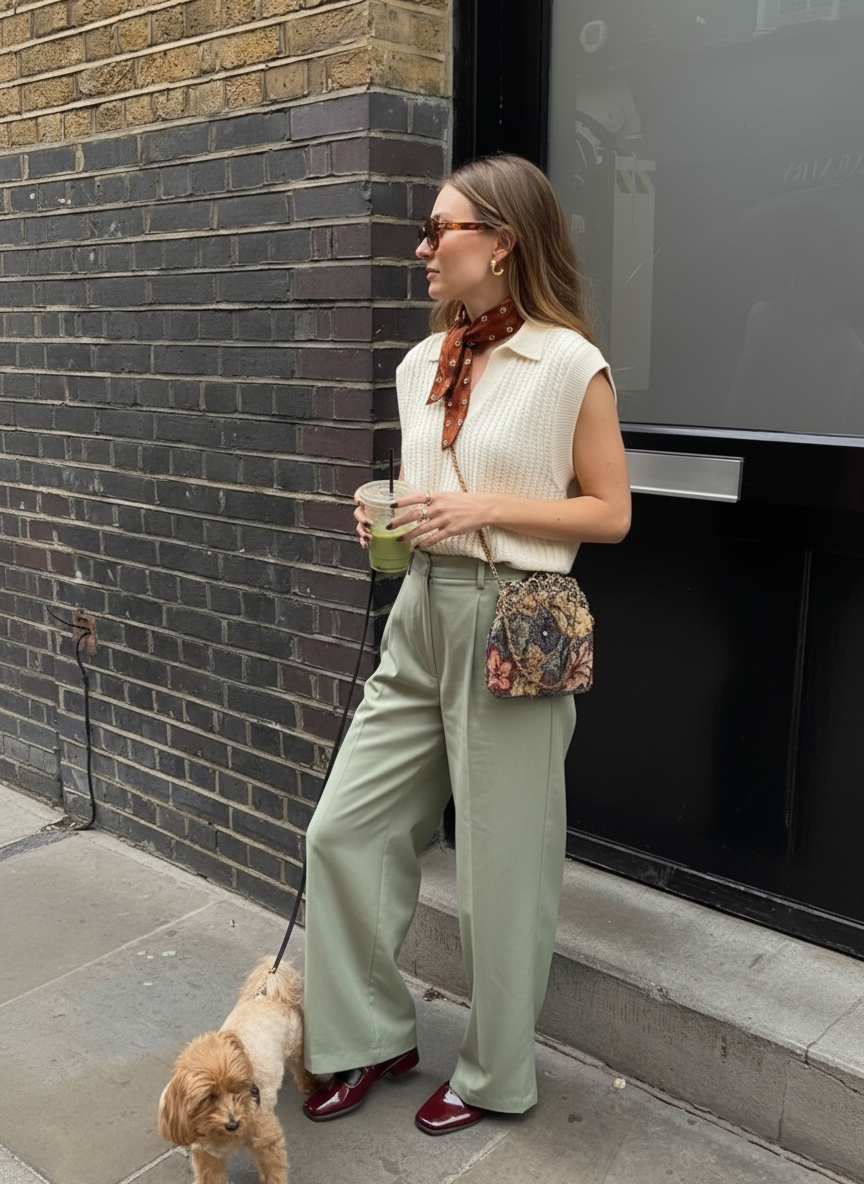 Let's recreate image one with the female model, but replace her outfit piece by piece with the provided set of outfit from image 2, using the trousers, the shoes, the upper and the clutch together with the accessories. 