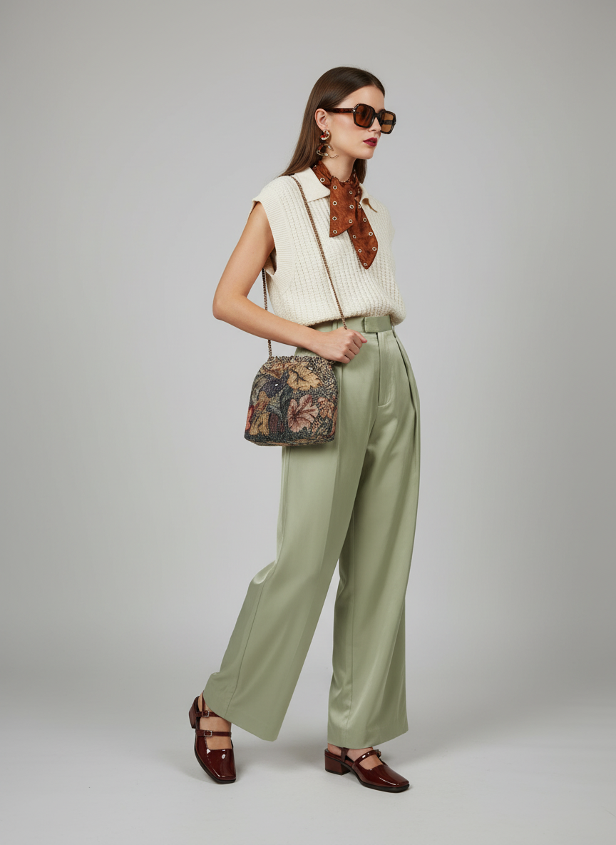 create a female model wearing all the outfit pieces from the provided image, and let her be wearing all of them in a fashion shoot setup with studio lighting, and let her be standing casually looking to the side.