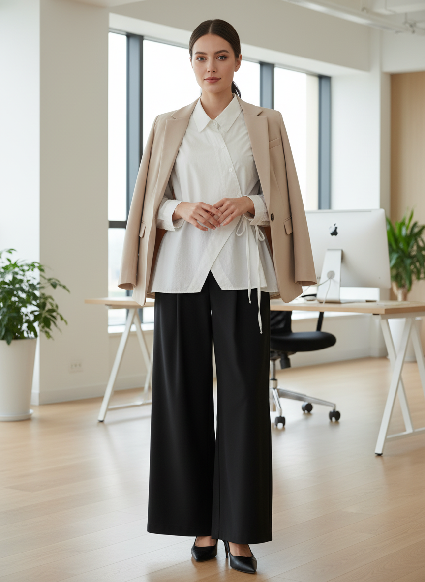 Create a complete outfit on a female model: white blouse from image 1, black trousers from image 2, beige blazer from image 3. Professional office setting, confident standing pose, natural lighting