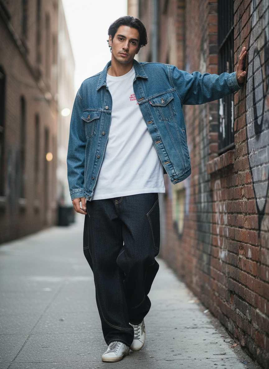 Create a complete outfit on a male model wearing denim jacket (from image 1), white t-shirt (from image 2), black jeans (from image 3), sneakers (from image 4). urban street background, relaxed pose, leaning against the wall, all outfits are a little over sized.