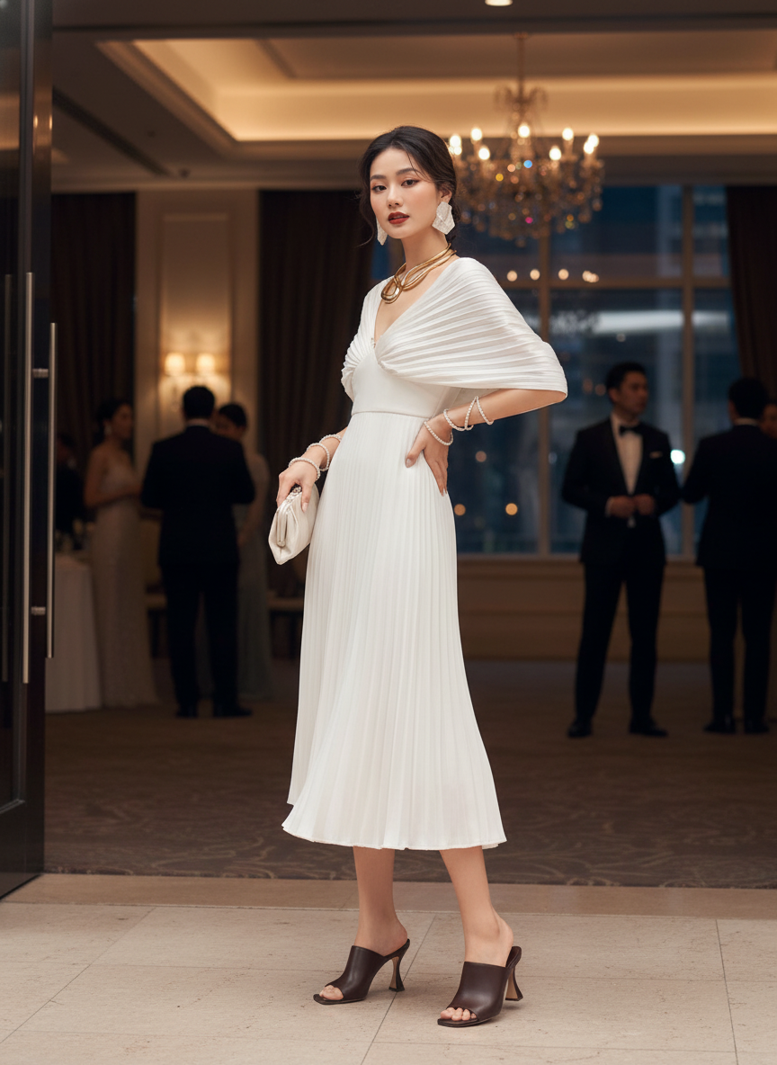 Create an image of a female model wearing the following outfit: silk dress (from image 1), statement necklace (from image 2), heels (from  image 3). In an elegant event setting, sophisticated pose
