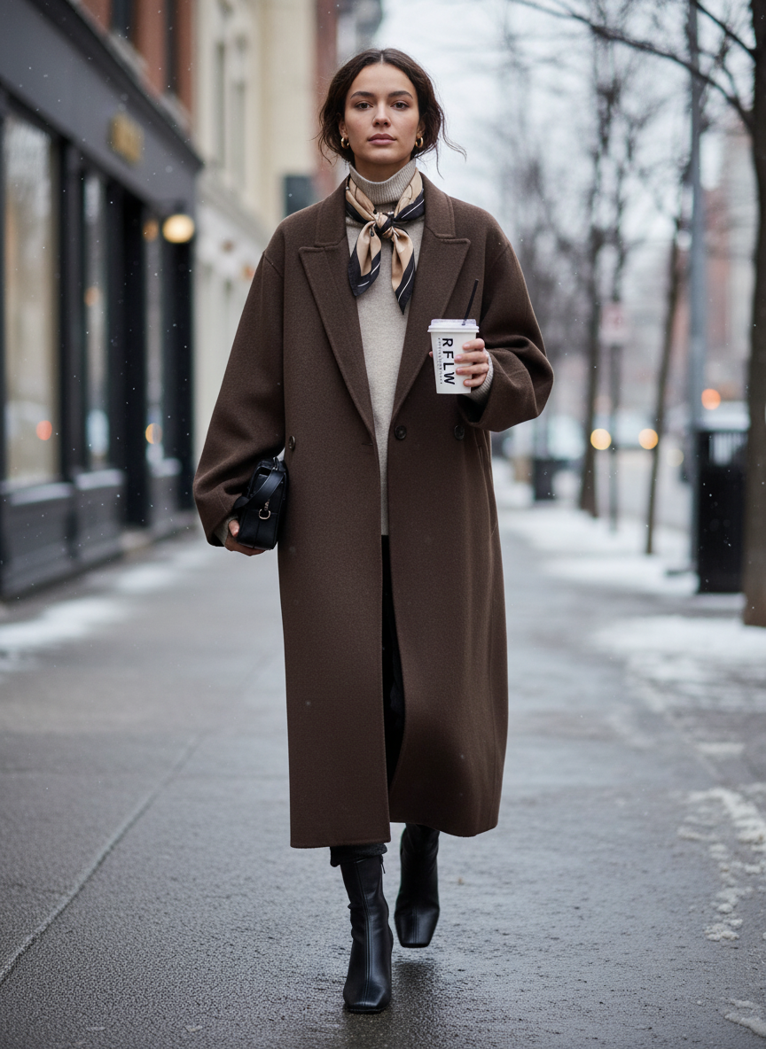 Create an image of a female model wearing the following outfit: turtleneck sweater (from image 1), wool coat (from image 2), scarf (from image 3), boots (from image 4). In a winter city scene, natural cold-weather styling