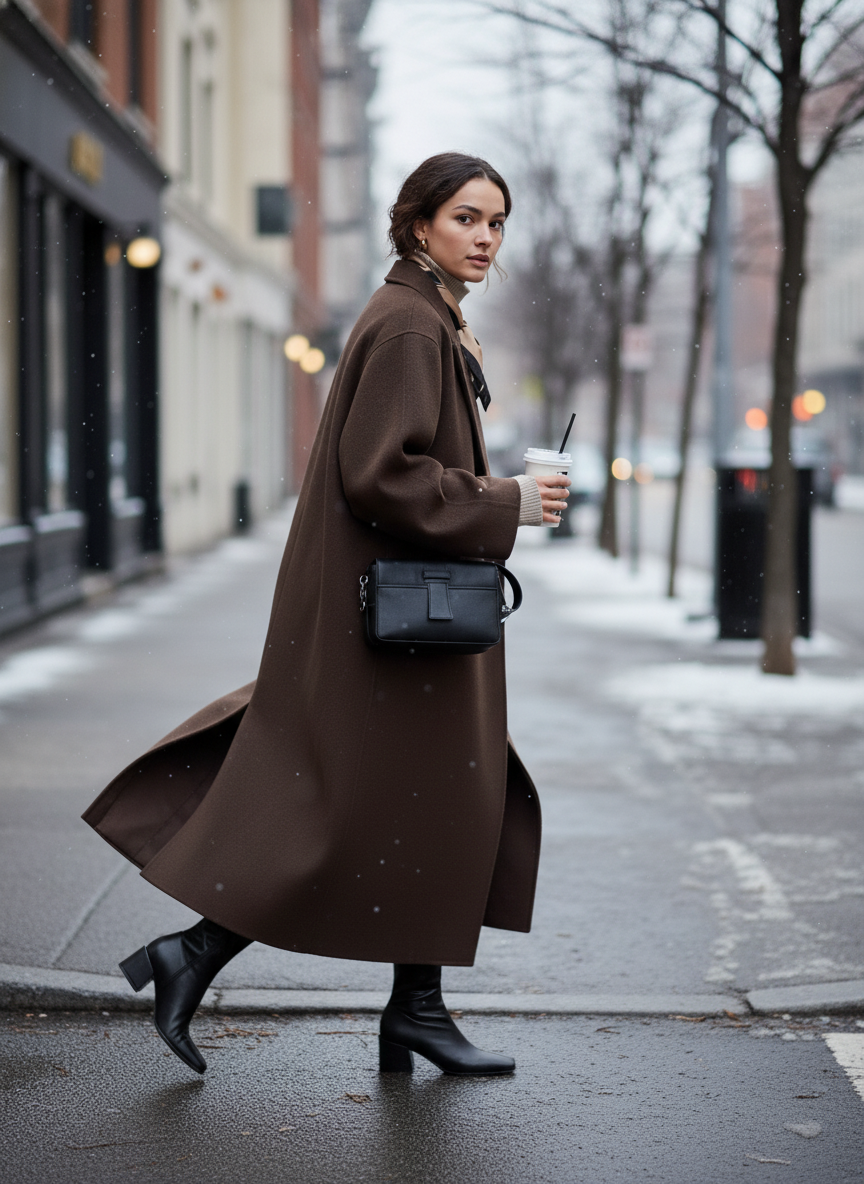 Let her be running on the pavement, about to crossing the street with one foot stepping out of the pavement. change the camera view to look at her on her side, and have she turn her head side ways looking to the camera.