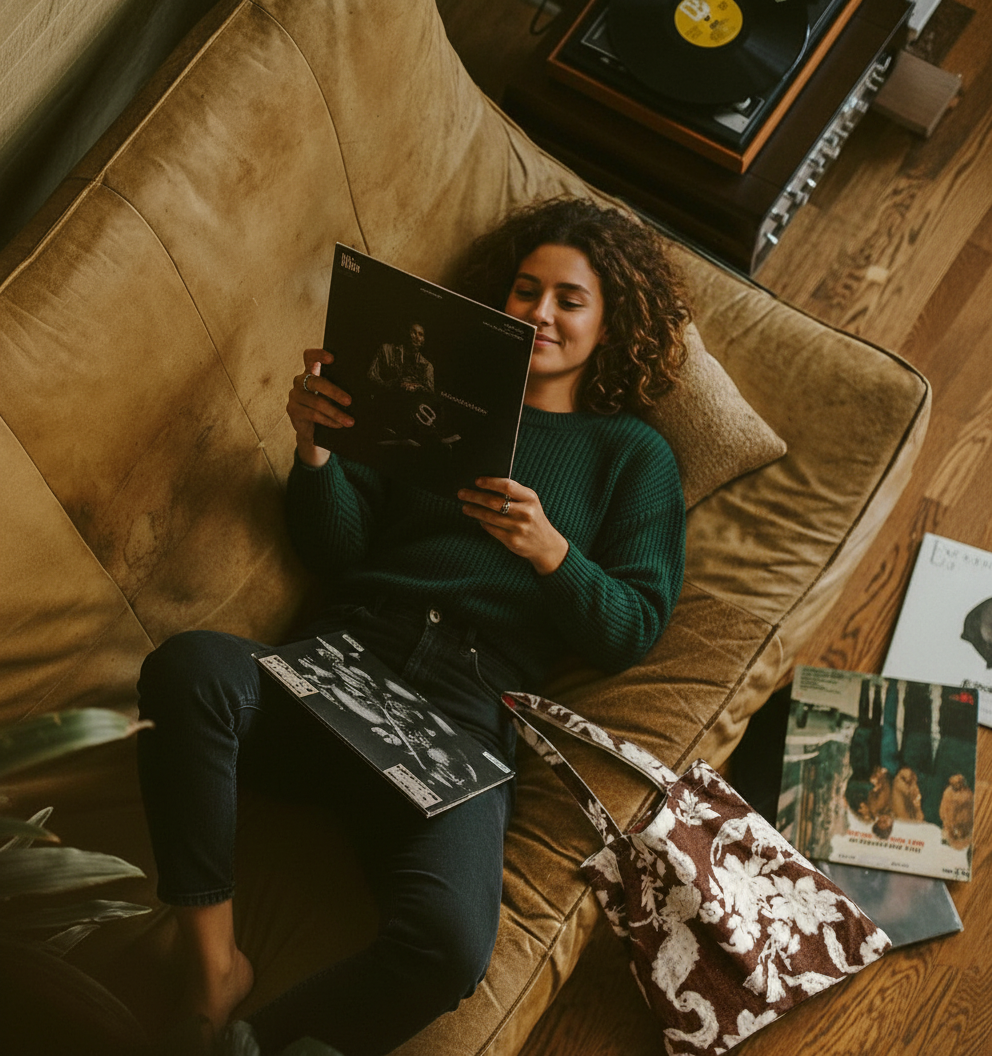 put the bag from image 2 on the floor softly lying against the sofa in image 1, and change the girl to a different person