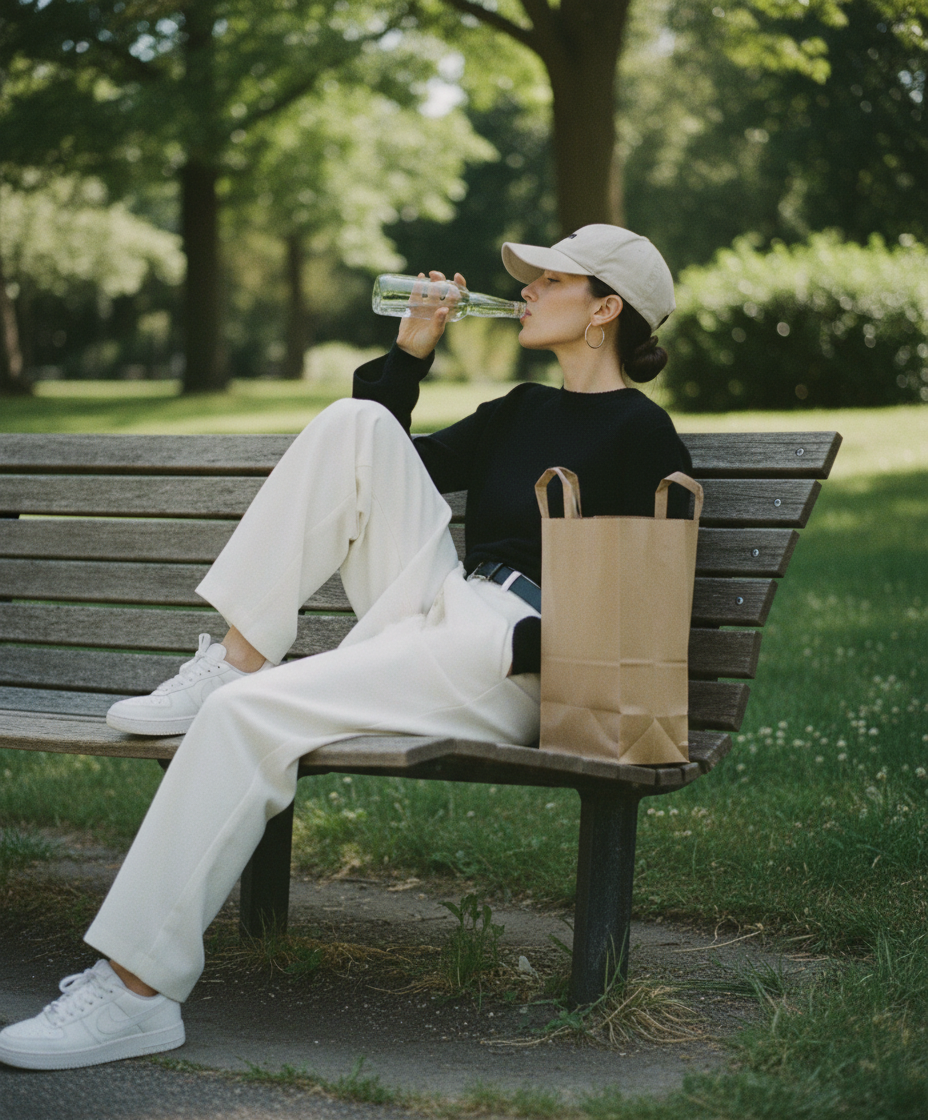 Create a photo of the model from image 1 but in the reference pose from image 2, in a park environment, with film style texture.