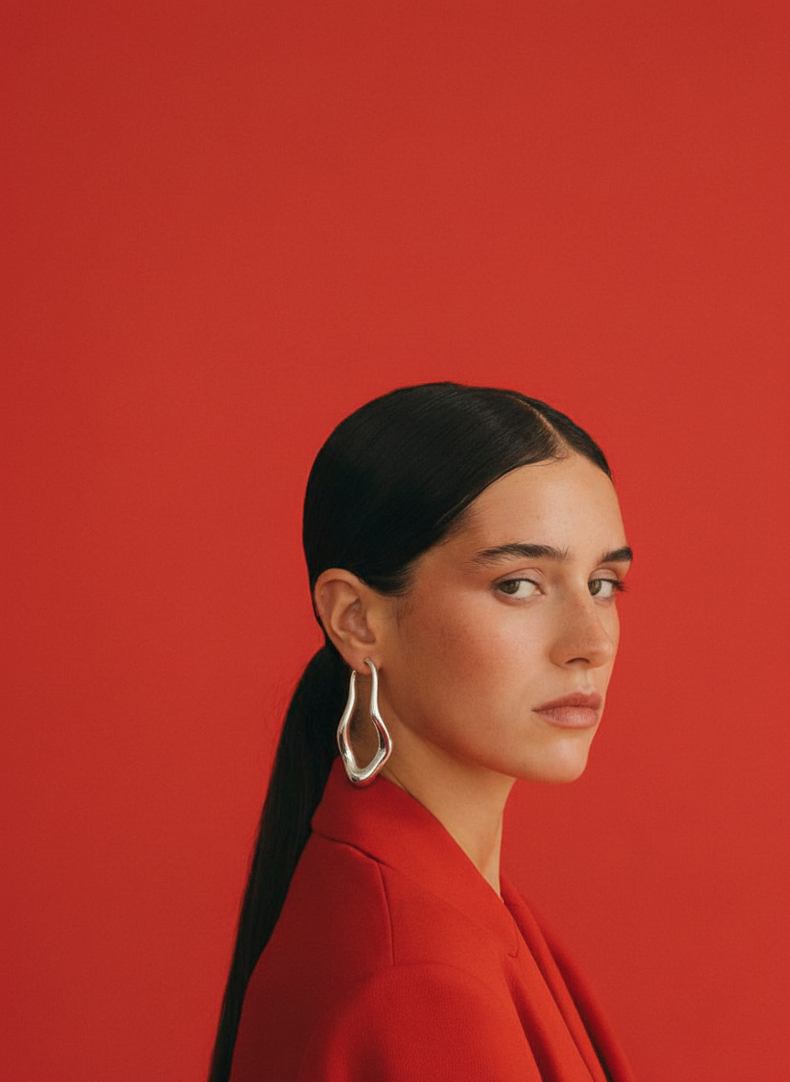 Replace the female model's earrings with the sterling silver earrings from image 2.