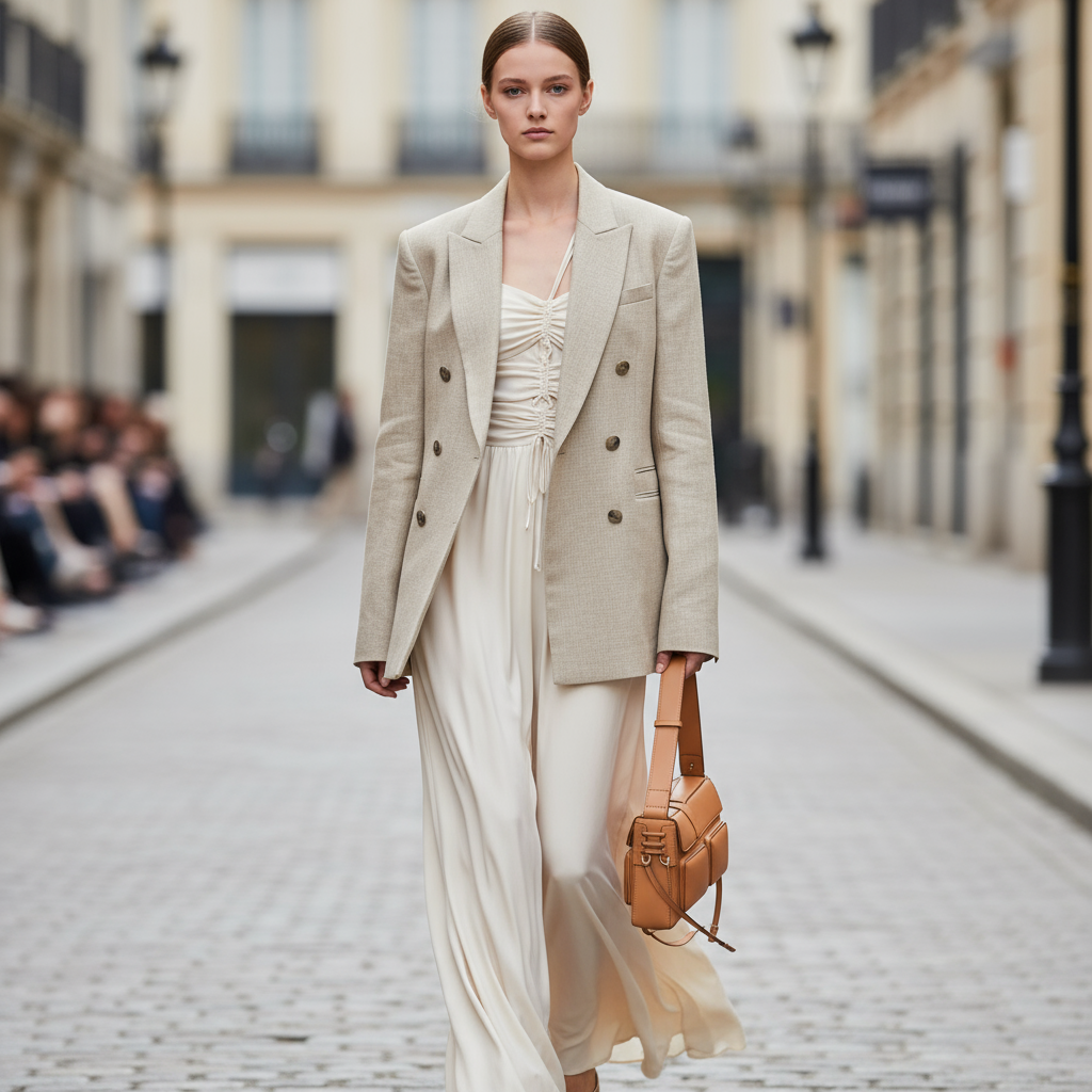 Transform this fashion sketch into a realistic photo: female model wearing the garment design, model in elegant walking pose, show fabric texture and draping