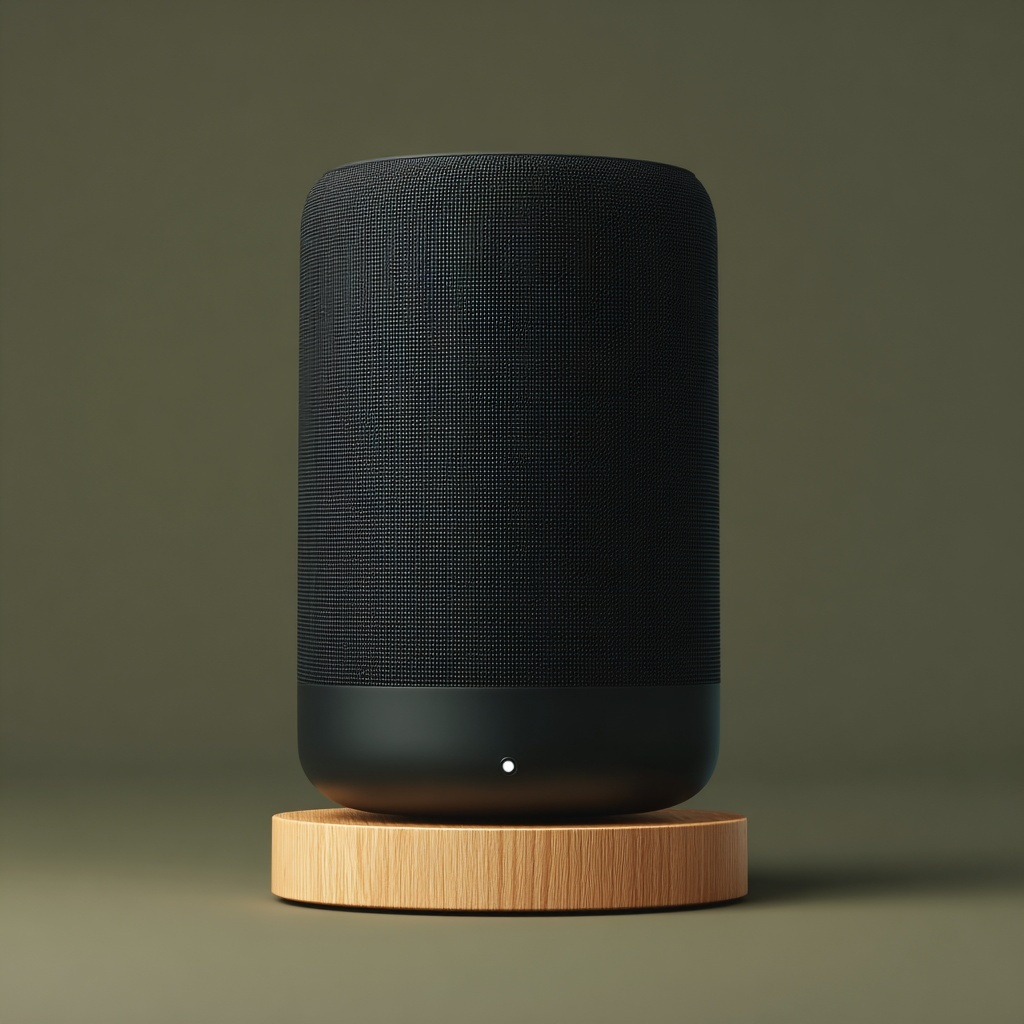 Design a minimalist wireless speaker: cylindrical shape, matte black aluminum body, fabric mesh front, subtle LED indicator, wooden base, modern Scandinavian aesthetic, studio product photography lighting