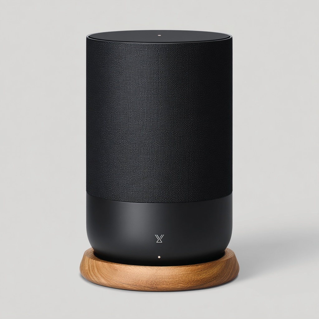 Design a minimalist wireless speaker: cylindrical shape, matte black aluminum body, fabric mesh front, subtle LED indicator, wooden base, modern Scandinavian aesthetic, studio product photography lighting
