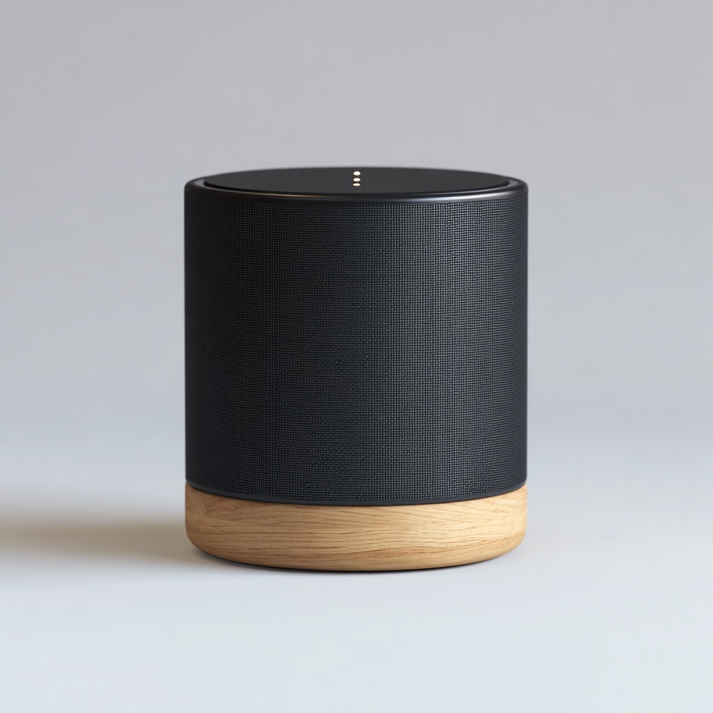 Design a minimalist wireless speaker: cylindrical shape, matte black aluminum body, fabric mesh front, subtle LED indicator, wooden base, modern Scandinavian aesthetic, studio product photography lighting