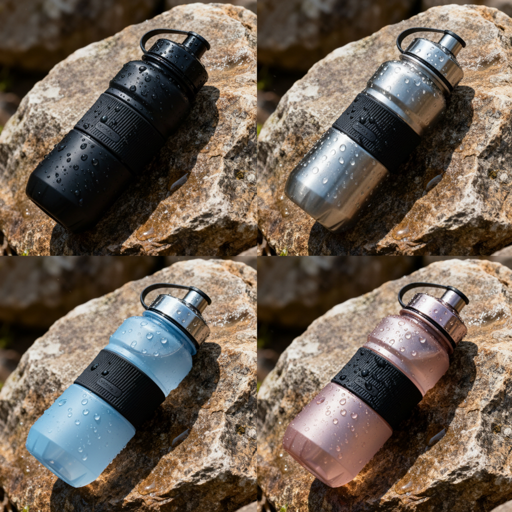 Show this water bottle in 4 color variations: matte black, brushed stainless steel, powder blue, and rose gold. Same design, same lighting, same angle, arranged in a 2x2 matrix for comparison