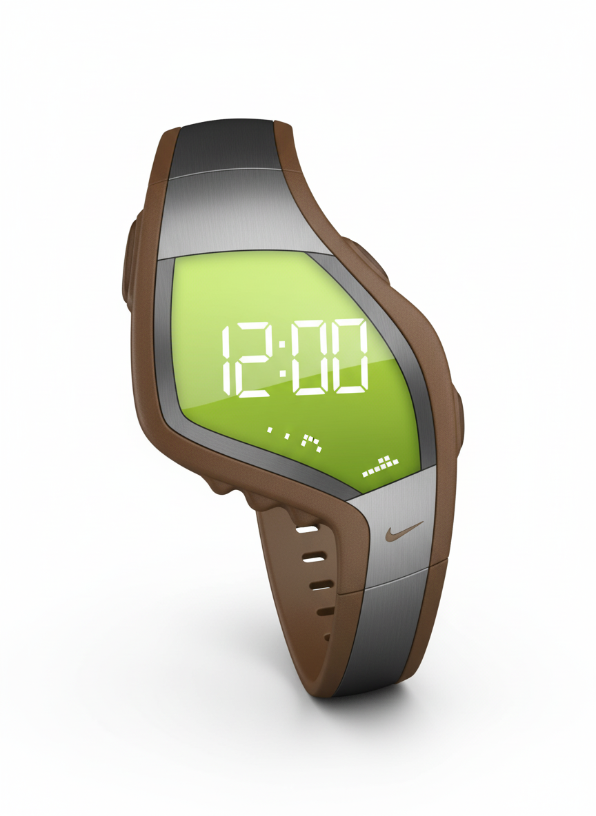 Transform this product sketch into a photorealistic 3D rendering: modern sports watch with LED display, metal and plastic casing, with studio product photography lighting.