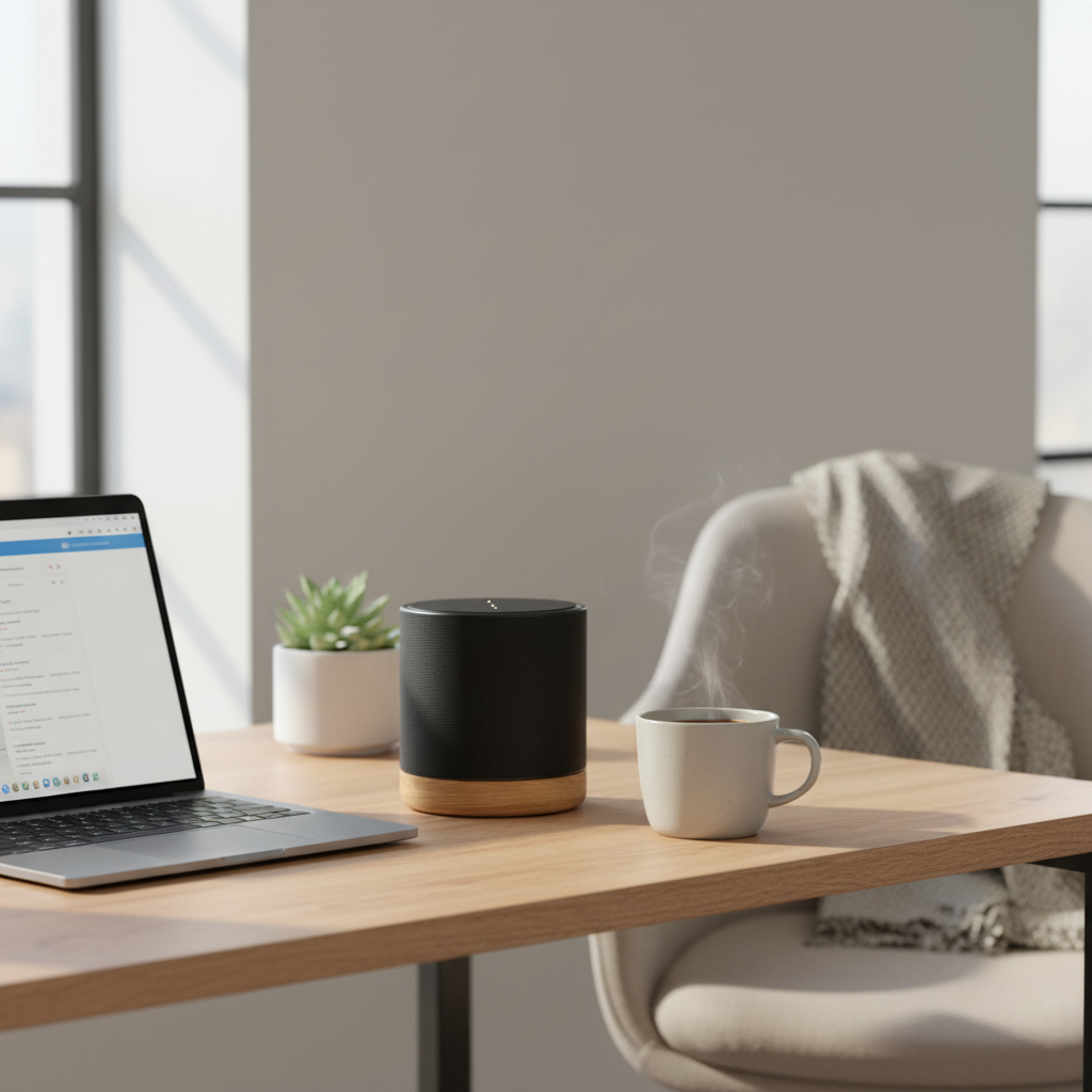 Show this wireless speaker on a modern home office desk, next to a laptop and coffee mug, natural window lighting, cozy workspace atmosphere, lifestyle product photography