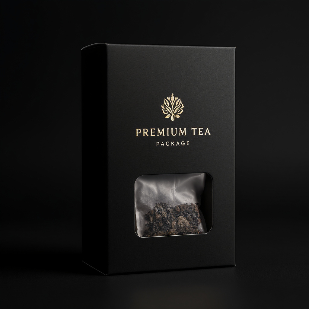 Create a premium tea packaging box: matte black cardboard, gold foil logo, minimalist typography, small window showing tea bags, luxury product photography on dark background