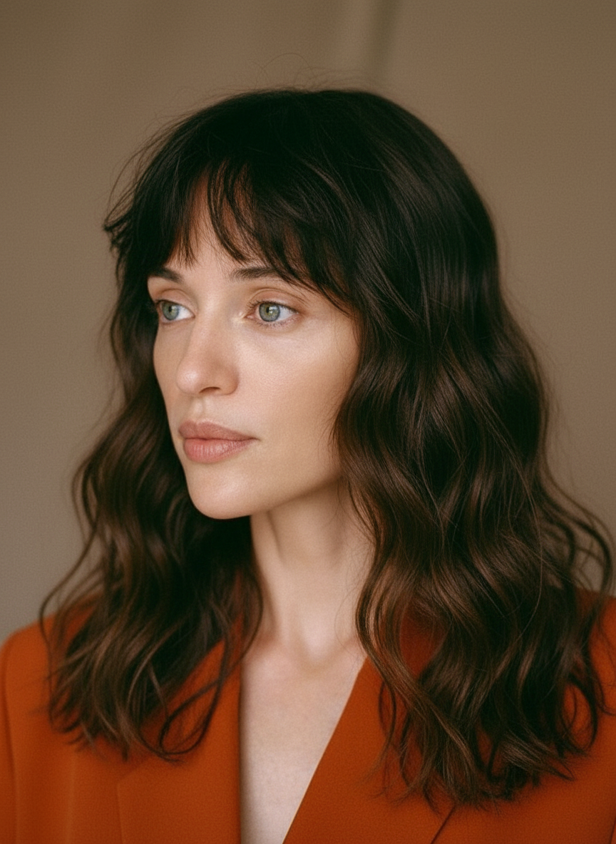 Transform my current hair style into long, wavy hair reaching mid-back, keep my natural brown color, add soft beach waves