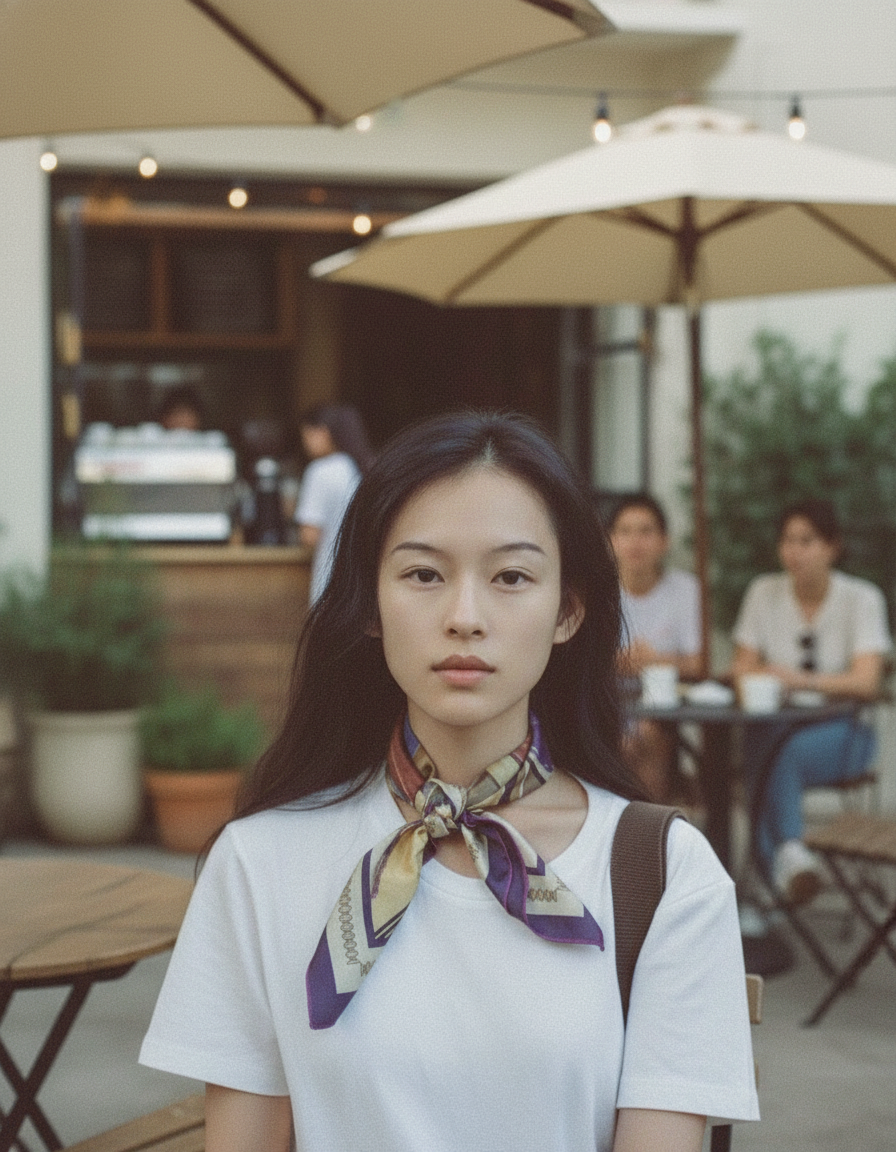 Replace the background with an outdoor coffee shop, neutral colors, relaxed. keep the woman in the photo unchanged.
