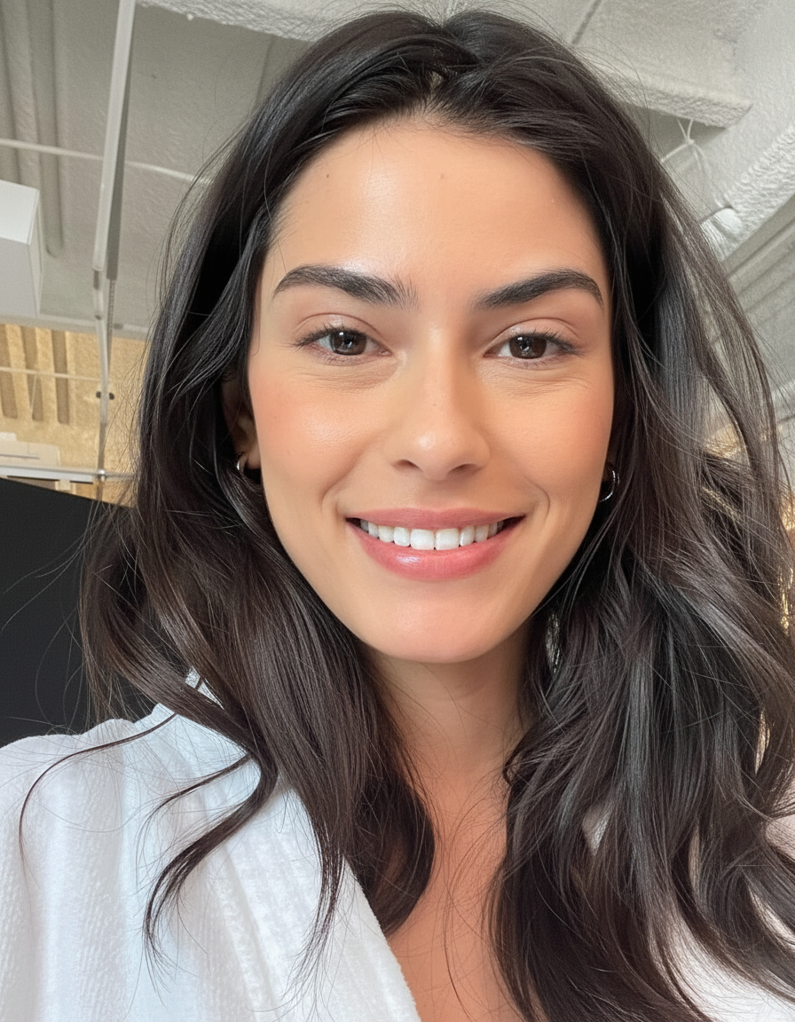 Change my neutral expression to a natural, genuine smile: warm and friendly, eyes engaged, authentic happiness