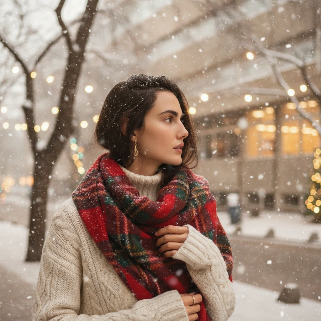 Create a winter holiday portrait based on the provided photo with cozy knit sweater, warm scarf, soft snowfall in background, festive and warm atmosphere