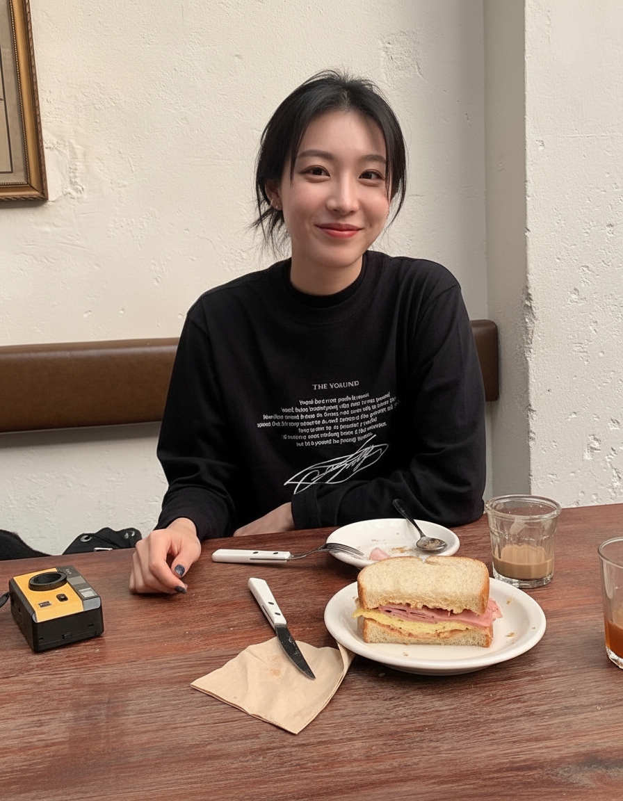 Let's change her pose, put down the food, let her sit in a casual and comfortable pose with a smile on her face, cleanup the table a bit by restoring the food to a more presentable look.