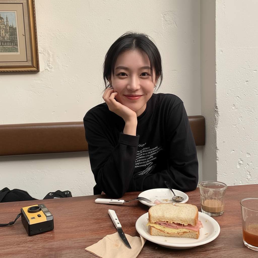 Let her be lean her body against the table, with her elbows resting on the surface, and one hand holding the chin, with a resting pose, looking to the camera smiling.