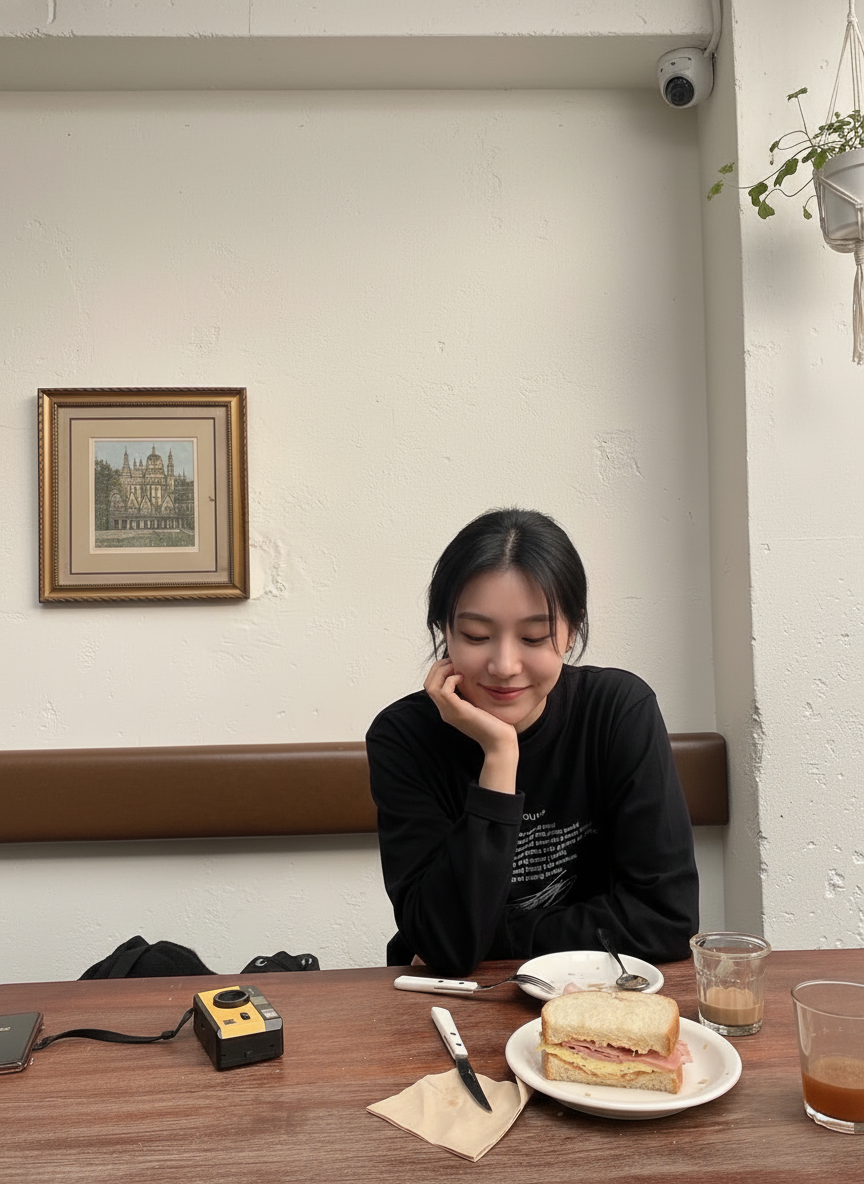 Let's zoom out on this shot, by revealing more content around the current image, with a lightly wider camera view. let her look down onto the table in the current pose.