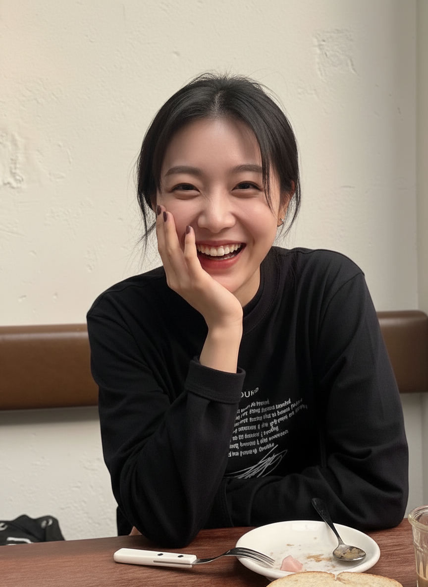 Let's zoom in on this shot, by focusing on the face. let her laugh harder, with one hand covering the mouth partially.