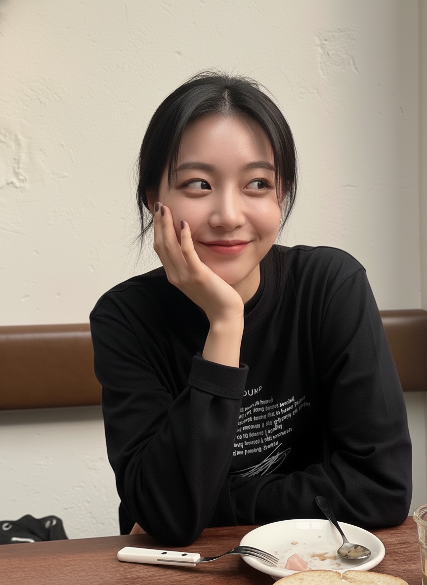 Adjust facial expression to a subtle, natural smile: soft and genuine, not too big, approachable and warm, keep everything else the same. let her look to the side. make sure the image quality, facial texture are the same as before, in a phone photography quality.