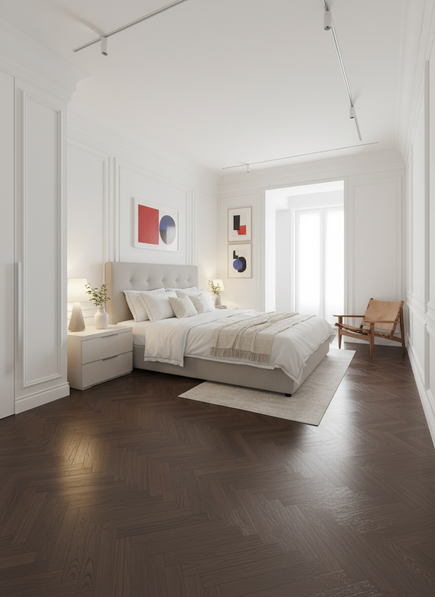 Make a rendering based on the hand sketch of the interior of a bedroom in image 1, let's render it as a realistic photography, and for its color and style, borrow them from image2 with its texture and vibe